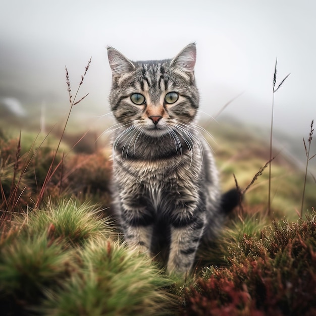 Un gato está parado en un campo de hierba y la hierba está cubierta de niebla.