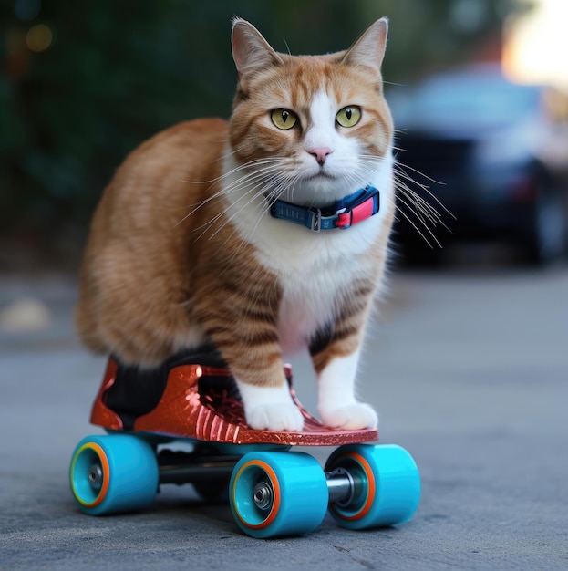 Un gato está parado en una patineta con una rueda roja y negra.