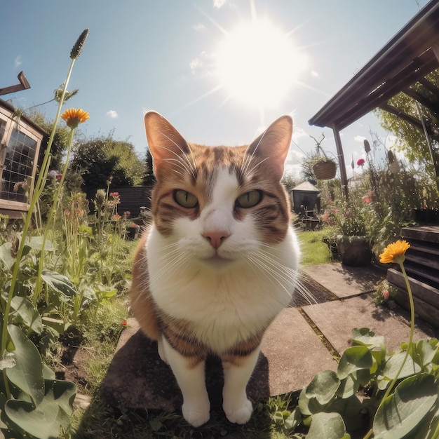 Un gato está parado sobre una roca en un jardín.