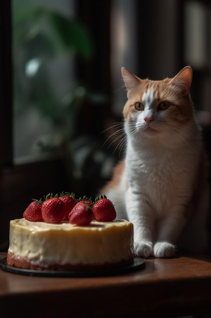Un gato está de pie junto a un pastel con fresas.