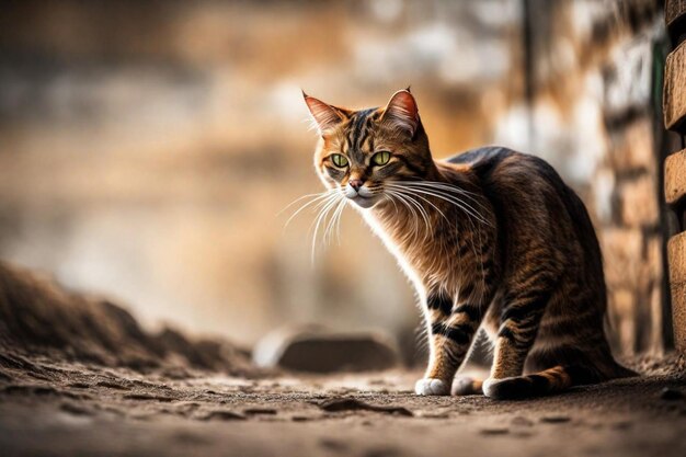 un gato está de pie en el suelo al sol