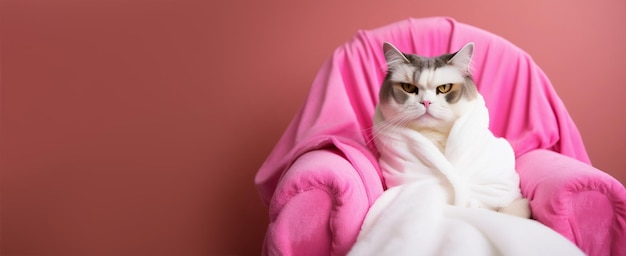 El gato se está relajando en un sillón rosa Mascotas spa salón de belleza complejo de mascotas Servicio de cuidado de animales baño Descanso relajación bienestar Banner con espacio de copia para publicidad de texto IA generativa