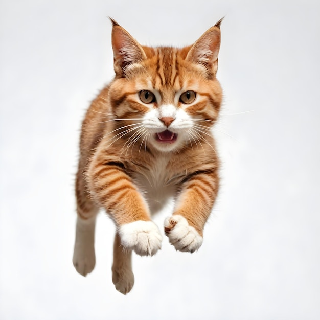 un gato está saltando en el aire con un fondo blanco