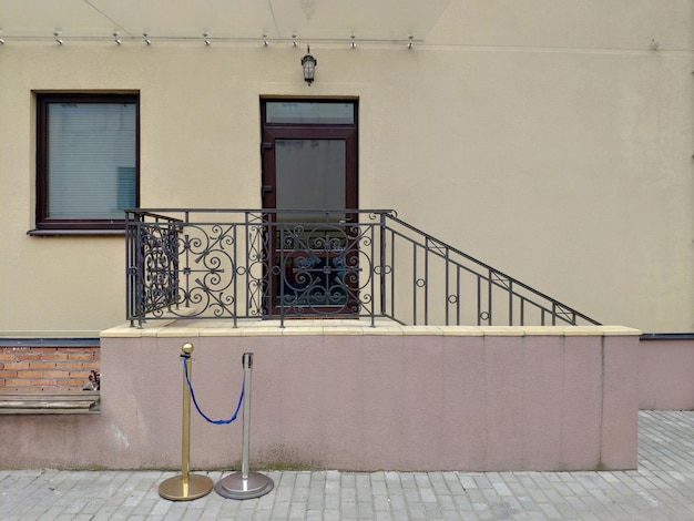 Un gato está sentado en una acera afuera de un edificio con una cuerda azul.