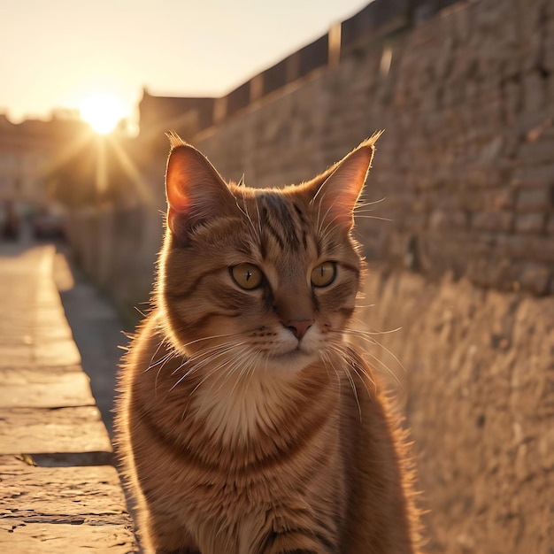 un gato está sentado en una acera al sol