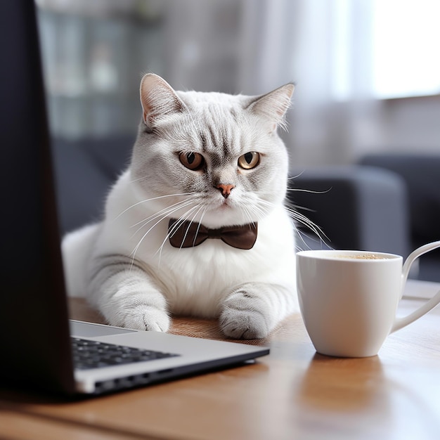 un gato está sentado al lado de una computadora portátil y una taza de café