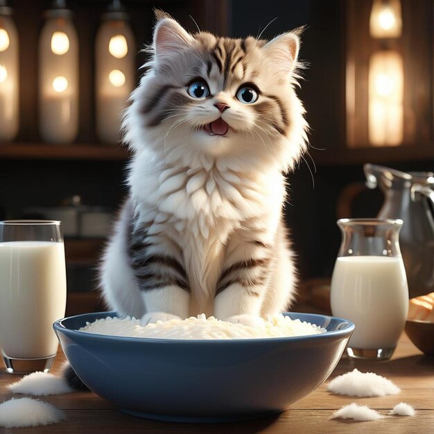 Un gato está sentado frente a un cuenco de arroz y leche