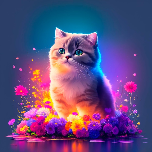 Un gato está sentado en un lecho de flores con un fondo azul y la palabra gato.