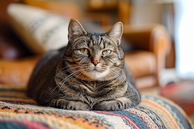 El gato está sentado en la manta mirando algo.