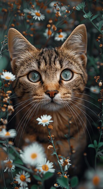 Un gato está sentado en medio de las flores