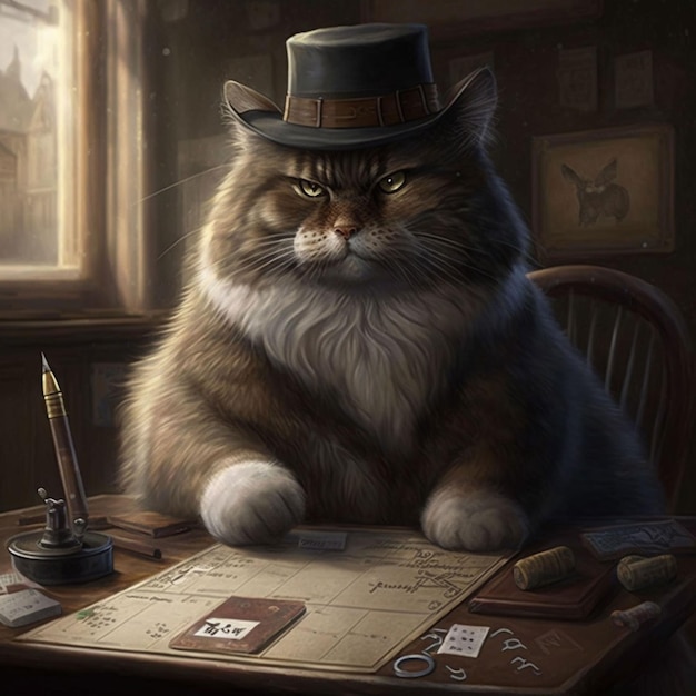 Un gato está sentado en una mesa con un juego de mesa llamado cat magic.