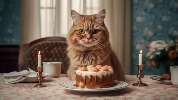 Un gato está sentado en una mesa con un pastel y velas Generado por IA