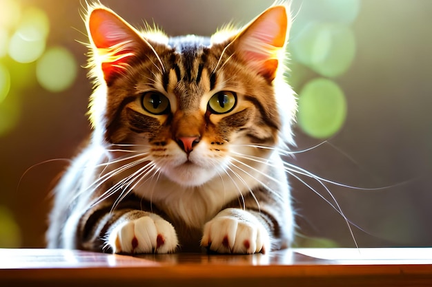 Un gato está sentado en una mesa con las patas sobre la mesa.