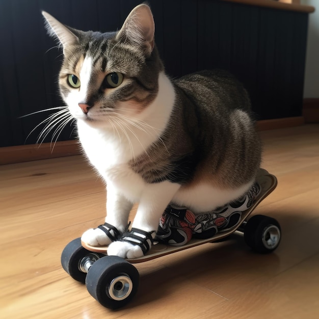 Un gato está sentado en una patineta.