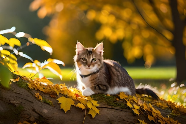 un gato está sentado en la rama de un árbol con hojas de otoño.