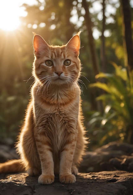 un gato está sentado en una roca frente a algunas plantas