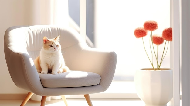 Un gato está sentado en una silla al lado de un jarrón colocado delante de una ventana