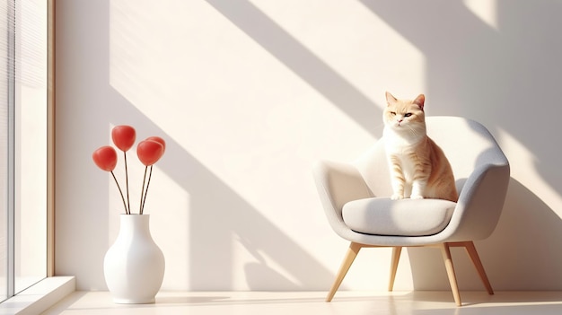 Un gato está sentado en una silla al lado de un jarrón colocado delante de una ventana