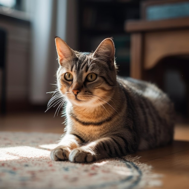 Un gato está sentado sobre una alfombra en una sala de estar.