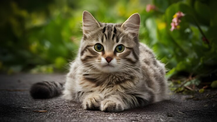 un gato está sentado en una superficie de cemento con un ojo verde