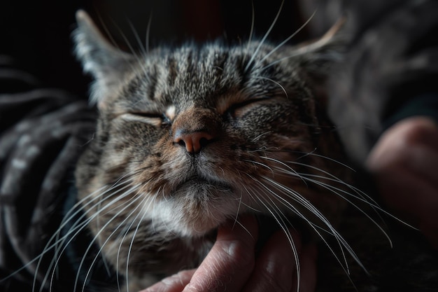 Un gato está siendo acariciado por una persona con sus bigotes tocados