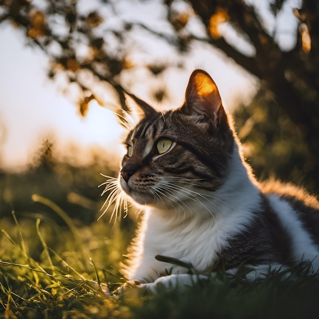 un gato está tendido en la hierba con el sol brillando sobre él