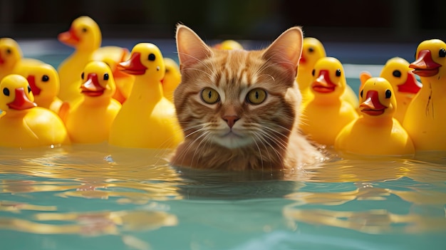 un gato está tirado en el agua con un grupo de patos.