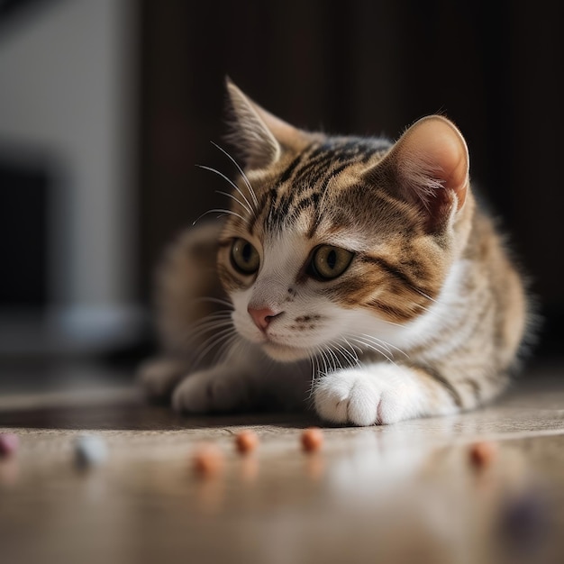 Un gato está tirado en el suelo mirando un montón de dulces.