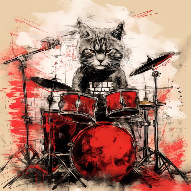 un gato está tocando un conjunto de tambores y tiene un fondo rojo con una imagen roja y blanca de un gato