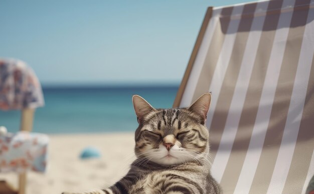 un gato está tumbado en una tumbona en la playa