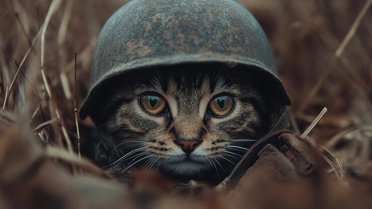 Un gato está usando un casco.