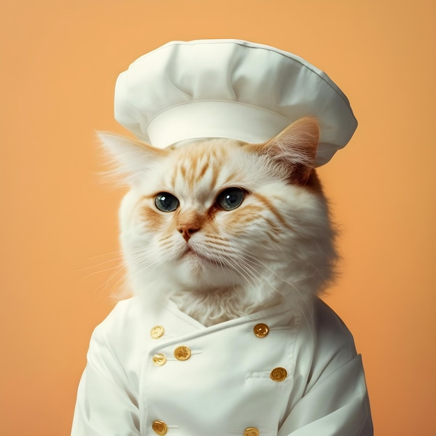 Gato estilo anos 70 vestido com roupa de chef