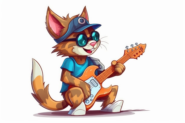 Gato estilo desenho animado que está tocando guitarra elétrica Bela imagem de ilustração IA generativa