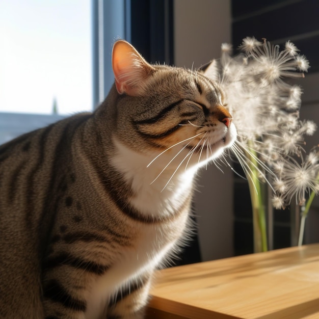 Gato estornudando después de oler flores Metáfora de alergia con gatito gracioso IA generada