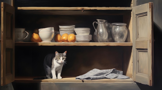 un gato explorando un armario abierto echando un vistazo a las cajas y contenedores