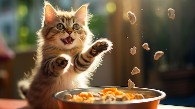 Foto un gato extendiendo las patas traseras hacia un cuenco de aluminio lleno de comida para gatos