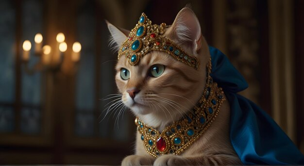 Foto un gato con una faja azul y cuentas de oro en la cabeza