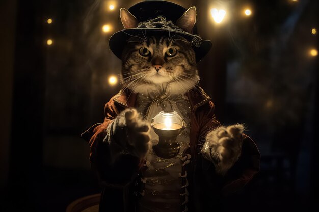 Gato feiticeiro de Halloween com chapéu conceito de halloween AI