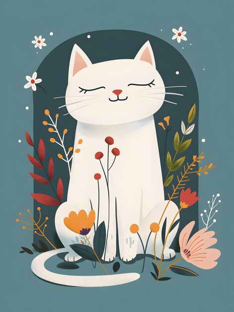 Un gato felino blanco descansa pacíficamente en un prado de flores con los ojos cerrados