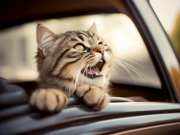 Gato feliz con la cabeza fuera de la ventana del auto divirtiéndose