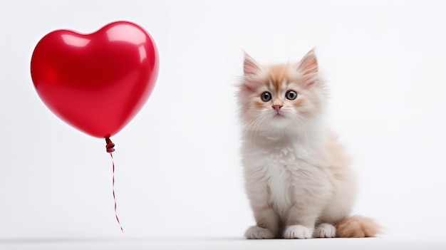 Gato feliz com um balão em forma de coração vermelho para o Dia dos Namorados em um fundo limpo AI gerativa