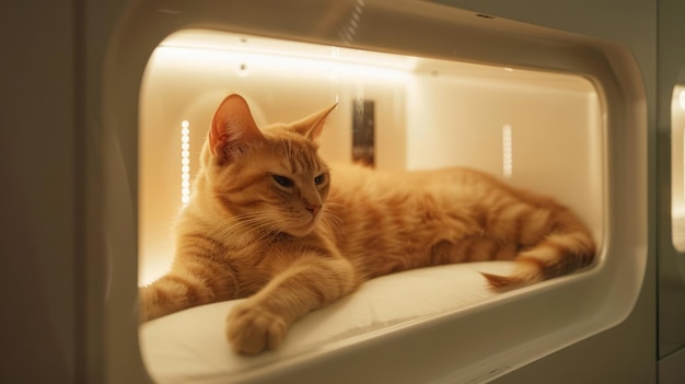 Gato feliz e bonito em uma cama aconchegante em um hotel especializado em animais de estimação