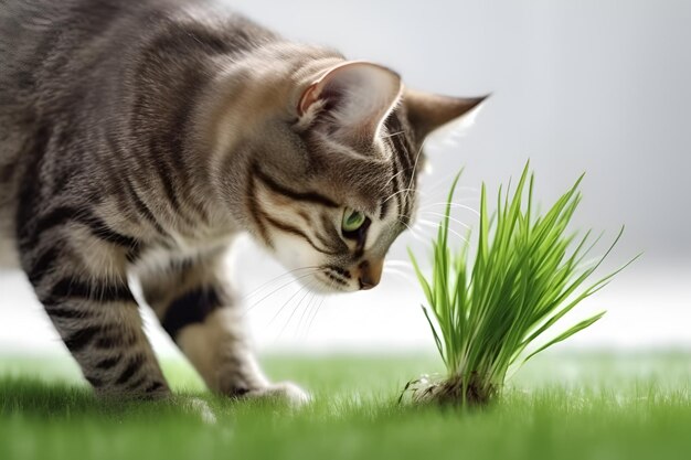 Gato feliz gris camina en la hierba y come hierba de cerca generado por alimentación animal ai