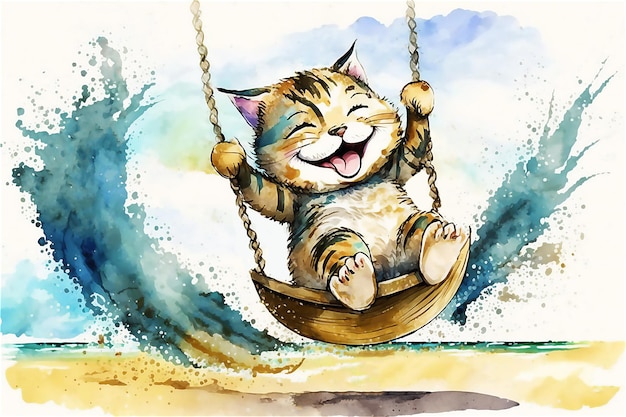 Gato feliz na praia Conceito de relaxamento de verão Ilustração em aquarela Gerado AI