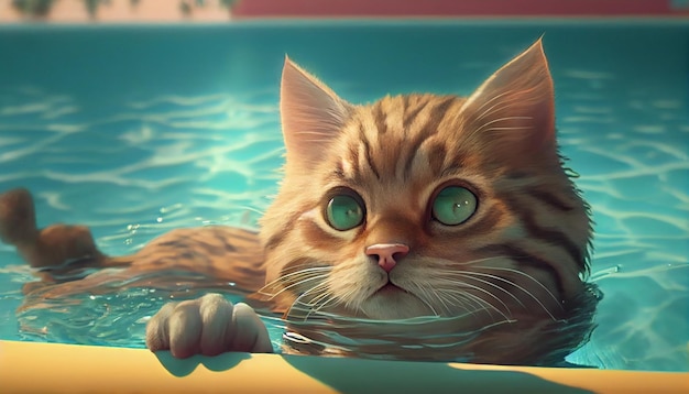 Gato feliz se divertindo nas férias de verão em uma piscina