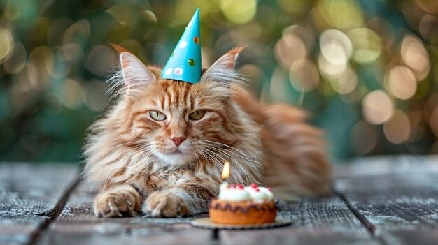 gato feliz con un sombrero de cumpleaños y un pequeño pastel con una vela encendida