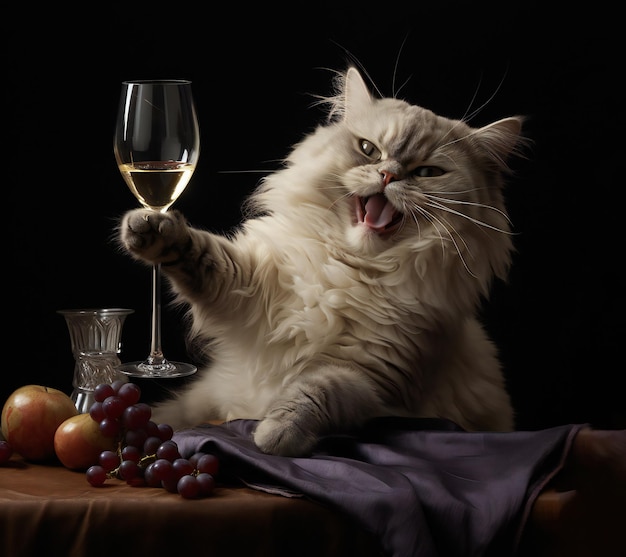 Foto un gato feliz con un vaso de vino se sienta en la mesa y se alegra