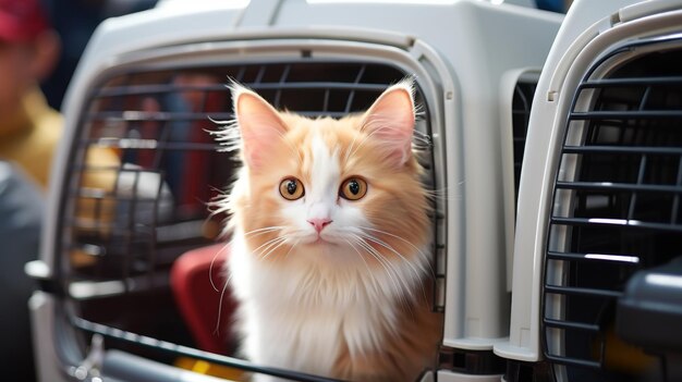 Gato feliz viajando en una jaula de transporte para un viaje seguro concepto de transporte de animales