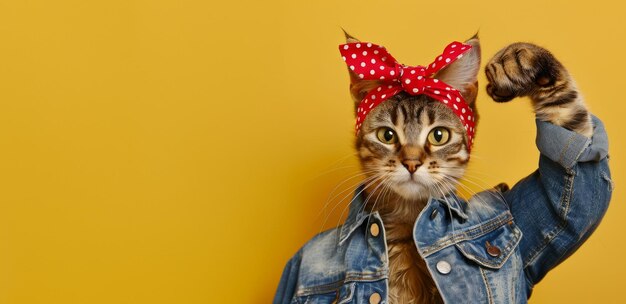 Foto gato fêmea em estilo pinup mostra bíceps conceito de cartaz de feminismo de poder feminino dia internacional da mulher