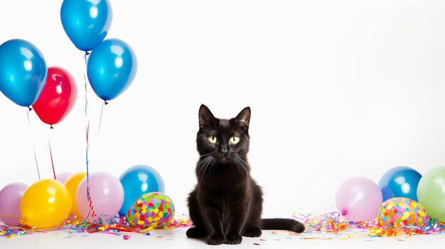 Gato de la fiesta con globos aislados sobre fondo blanco